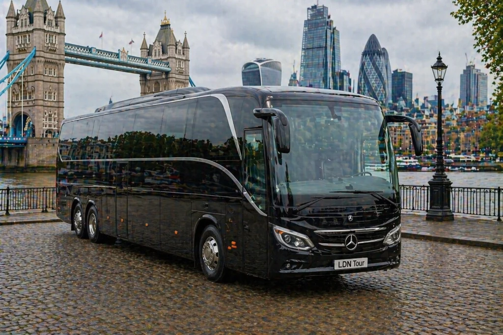 Black 50-seat coach for a private London orientation tour near Tower Bridge and the City skyline