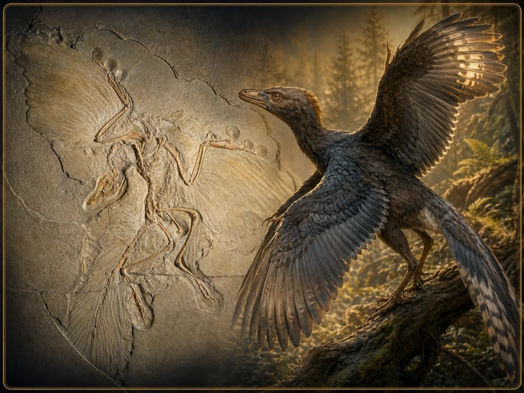 Archaeopteryx fossil alongside a life reconstruction at the Natural History Museum in London
