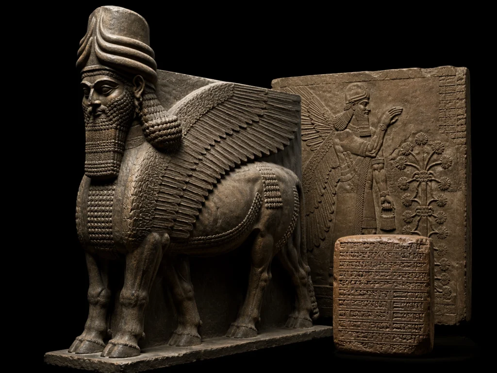 Dramatic image showing Assyrian and Mesopotamian artefacts together, including a winged guardian figure, a carved relief and an inscribed stone tablet.