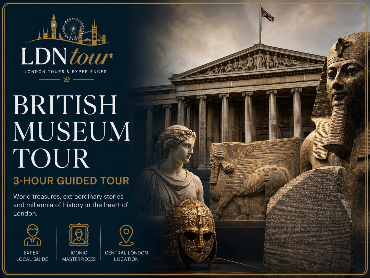 Featured image for a British Museum tour by LDN Tour, showing the museum façade and iconic artefacts with branded text for a 3-hour guided tour.