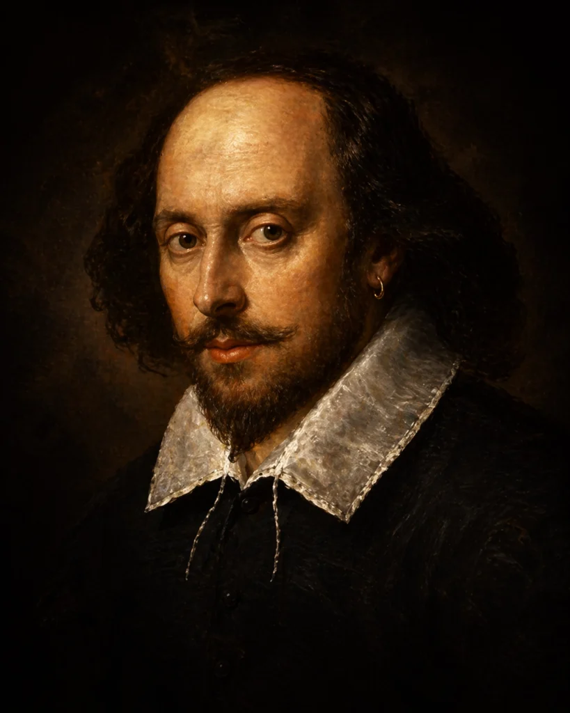 Dramatic image inspired by the Chandos Portrait, shown against a dark background with a vivid, atmospheric and slightly mystical effect.