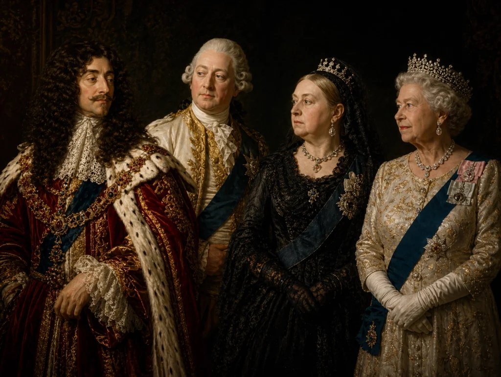 Dramatic group portrait showing Charles II, a Georgian monarch, Queen Victoria and Queen Elizabeth II together against a dark background.
