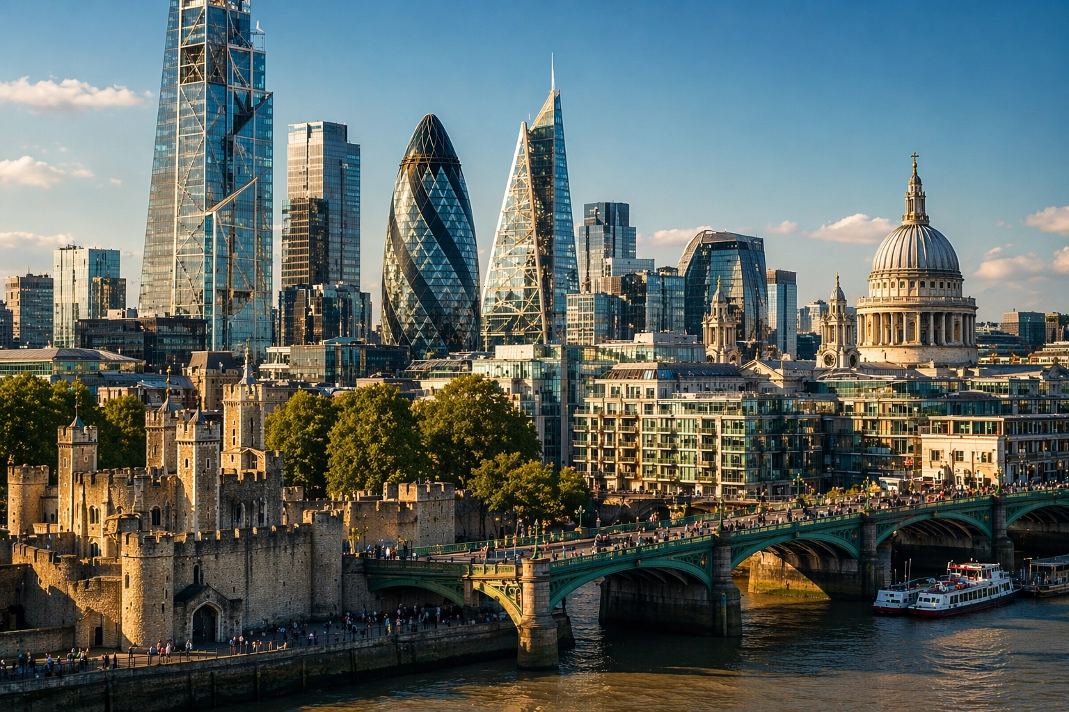 City of London walking tour feature image with the Tower of London, St Paul’s Cathedral and the modern London skyline