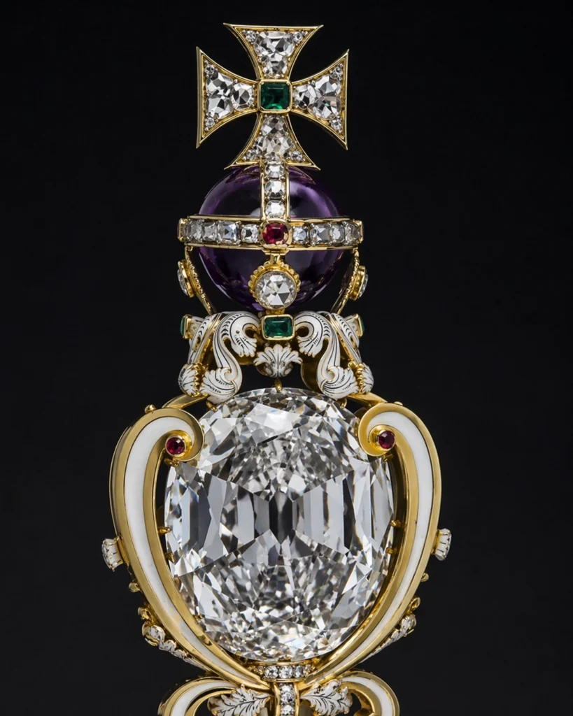 Close-up image of the Cullinan I diamond set in the Sovereign’s Sceptre against a dark background.