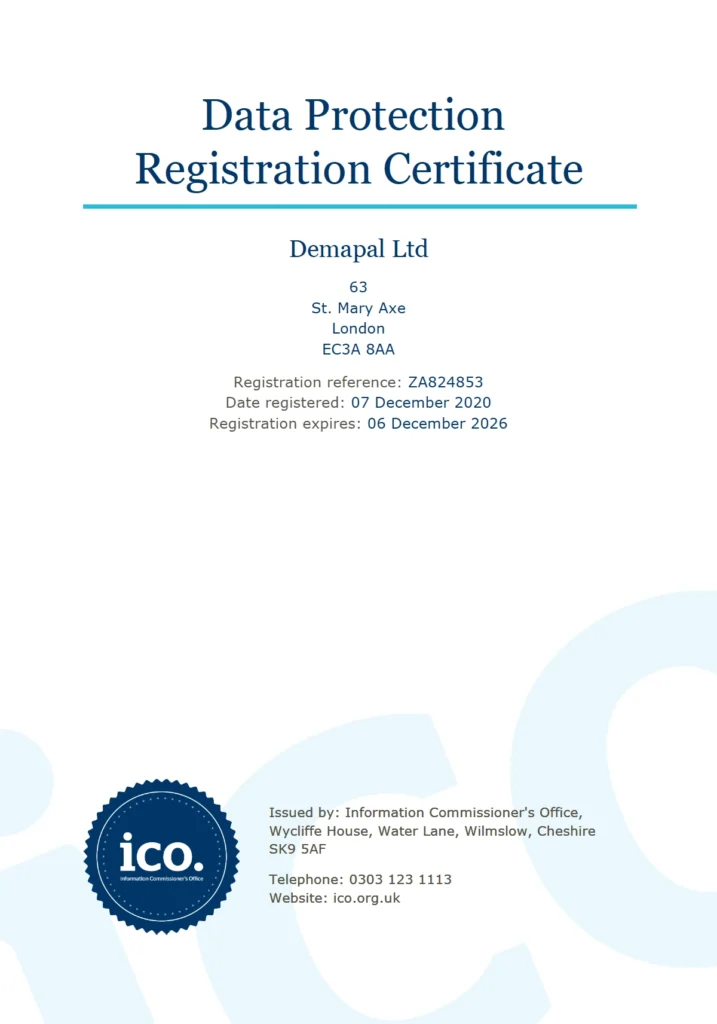 ICO data protection registration certificate for Demapal Ltd, registration reference ZA824853.