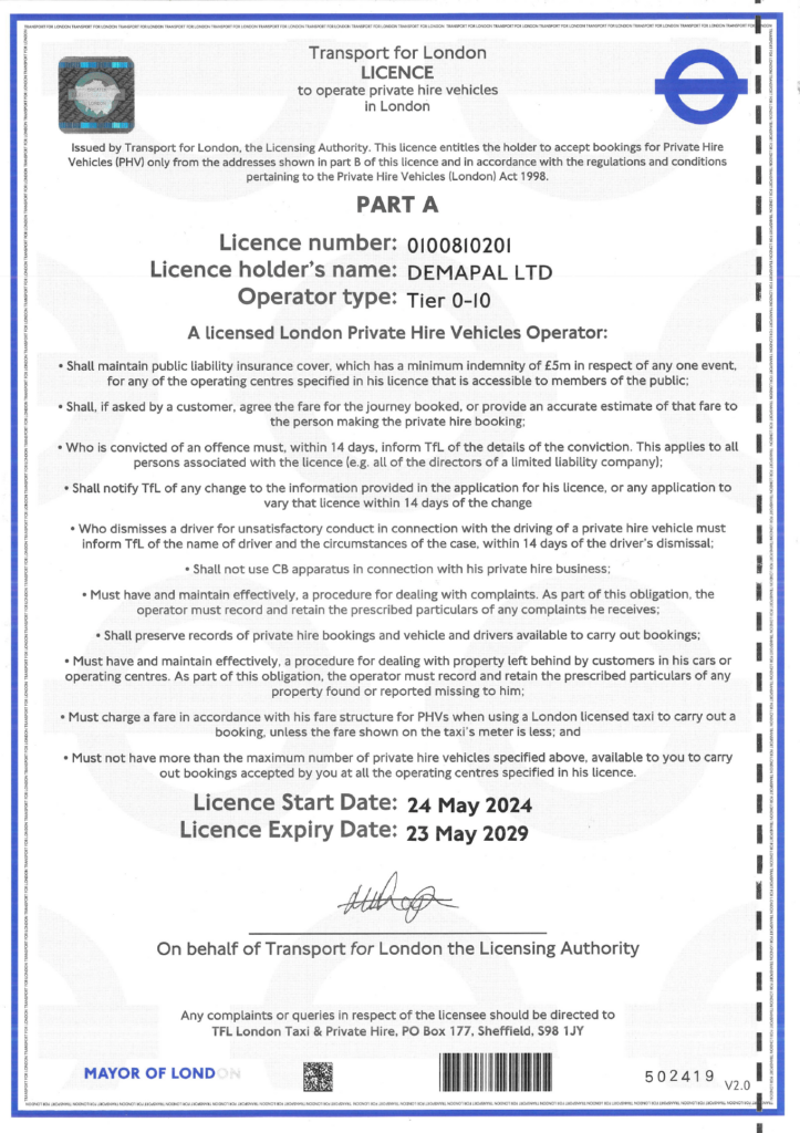 Transport for London private hire operator licence for Demapal Ltd, confirming its authorisation to accept private hire vehicle bookings in London.