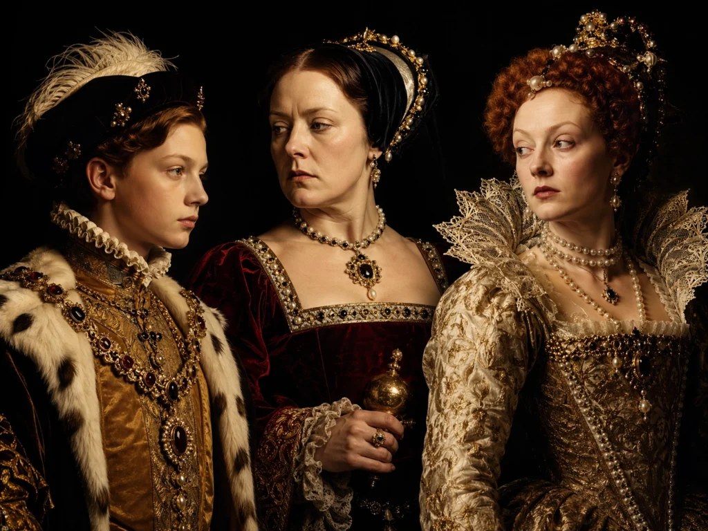 Dramatic triptych-style portrait of Edward VI, Mary I and Elizabeth I together against a dark background, shown in richly detailed Tudor dress.