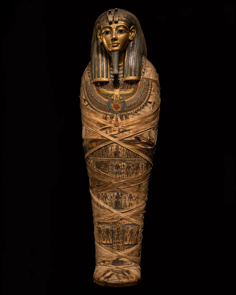 Full-length image of an ancient Egyptian mummy with a gilded funerary mask, shown against a black background.