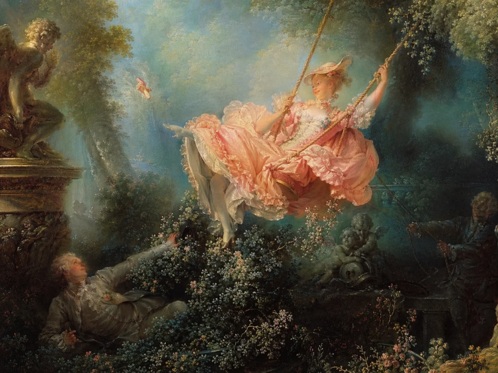 Author’s interpretation inspired by Fragonard’s The Swing, showing a young woman in a pink dress swinging through a lush Rococo garden.