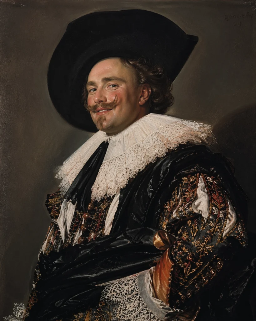 Inspired portrait of Frans Hals’s The Laughing Cavalier, showing an elegantly dressed seventeenth-century nobleman with a confident expression and richly detailed costume.