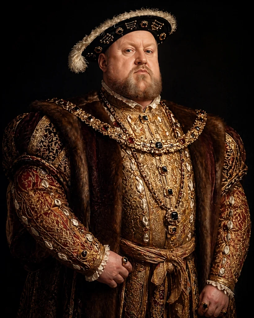 Dramatic portrait-style image of Henry VIII in richly decorated Tudor clothing against a dark background.