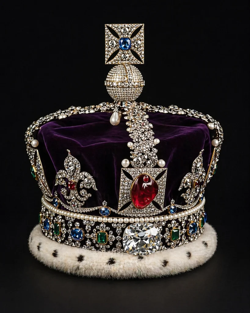Close-up image of the Imperial State Crown against a dark background, showing jewels, purple velvet and ermine trim.