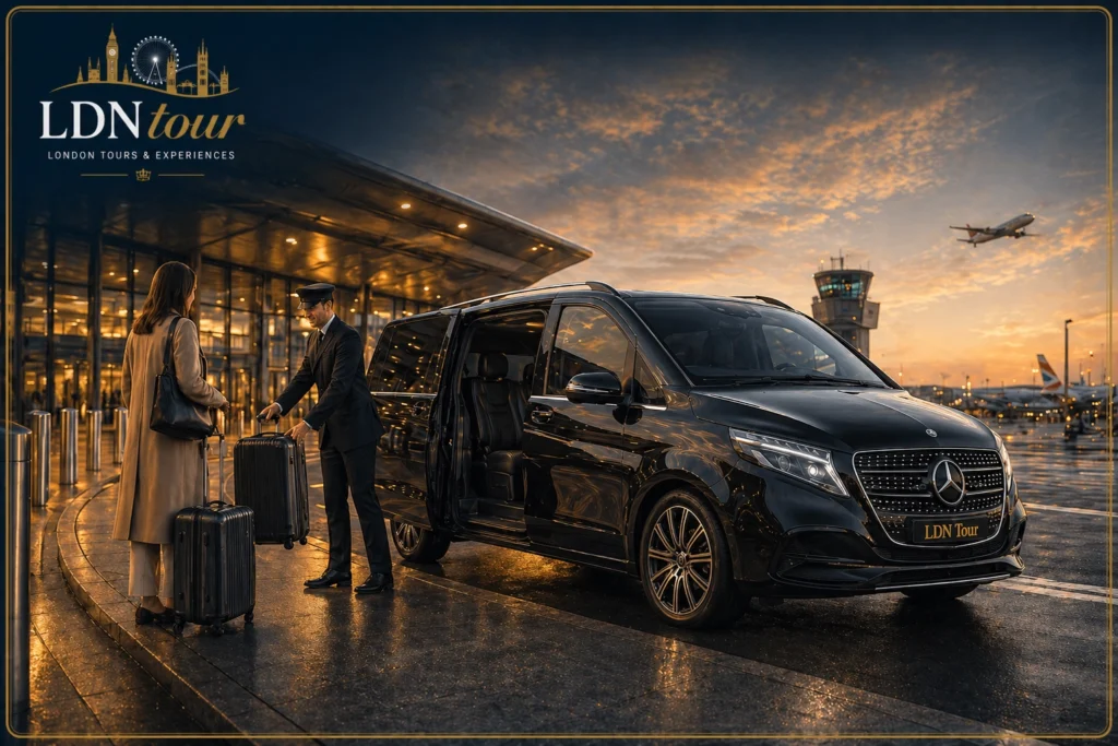 Airport pick-up with private London orientation tour and chauffeur-driven Mercedes V-Class.