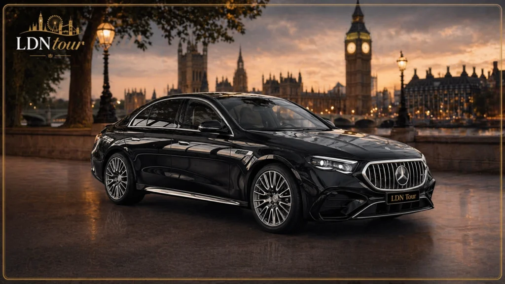 Mercedes E-Class for a private London tour with LDN Tour branding and a Westminster backdrop.
