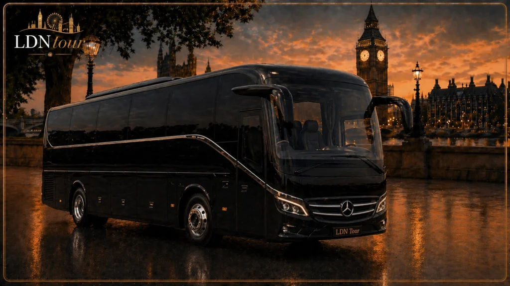 Mercedes executive coach for a private London tour with LDN Tour branding and a Westminster backdrop.