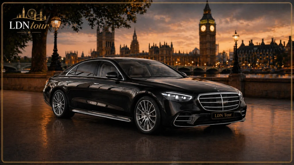 Mercedes S-Class for a private London tour with LDN Tour branding and a Westminster backdrop.