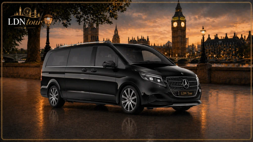 Mercedes V-Class for a private London tour with LDN Tour branding and a Westminster backdrop.