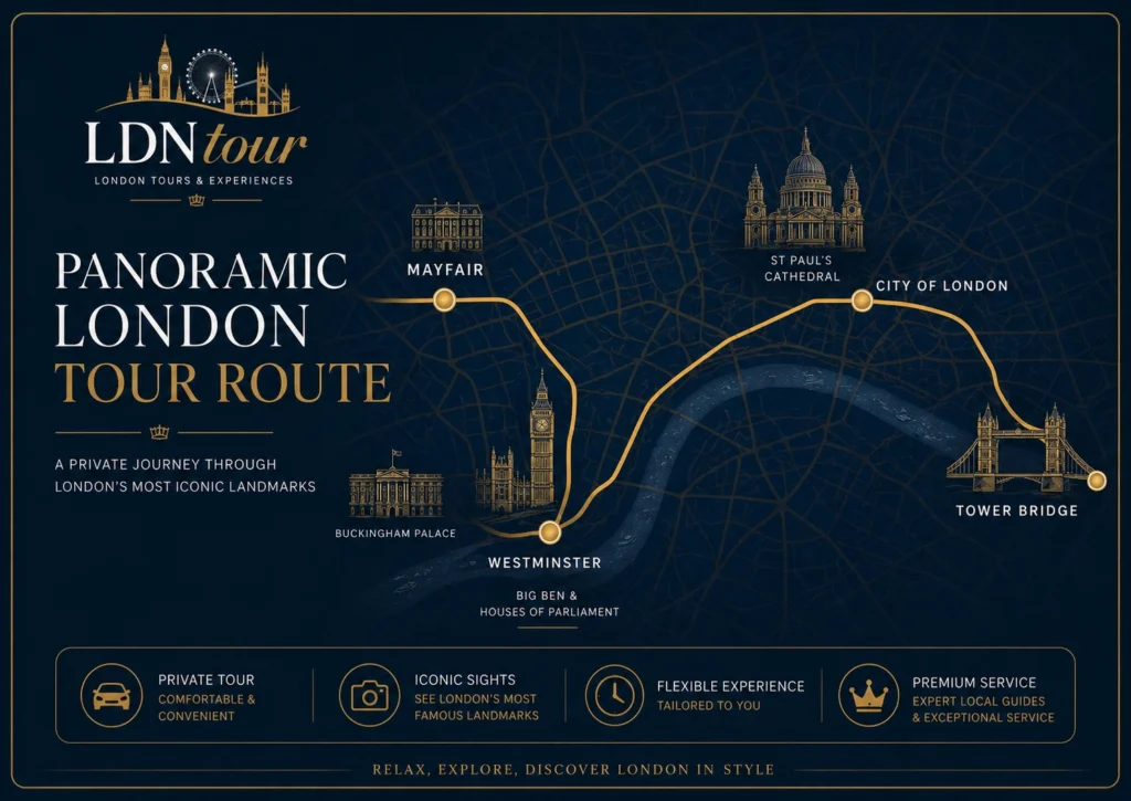 Private panoramic London tour route from Mayfair through Westminster and the City of London to Tower Bridge.