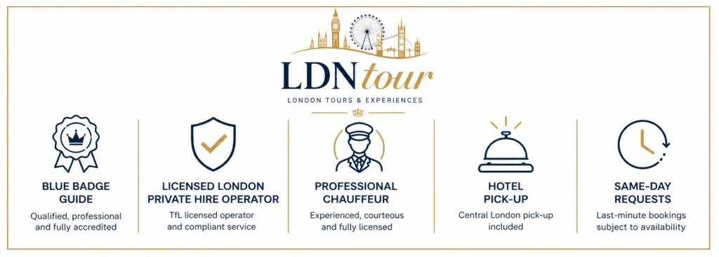 LDN Tour trust banner highlighting Blue Badge guide, licensed London private hire operator, professional chauffeur, hotel pick-up and same-day requests.