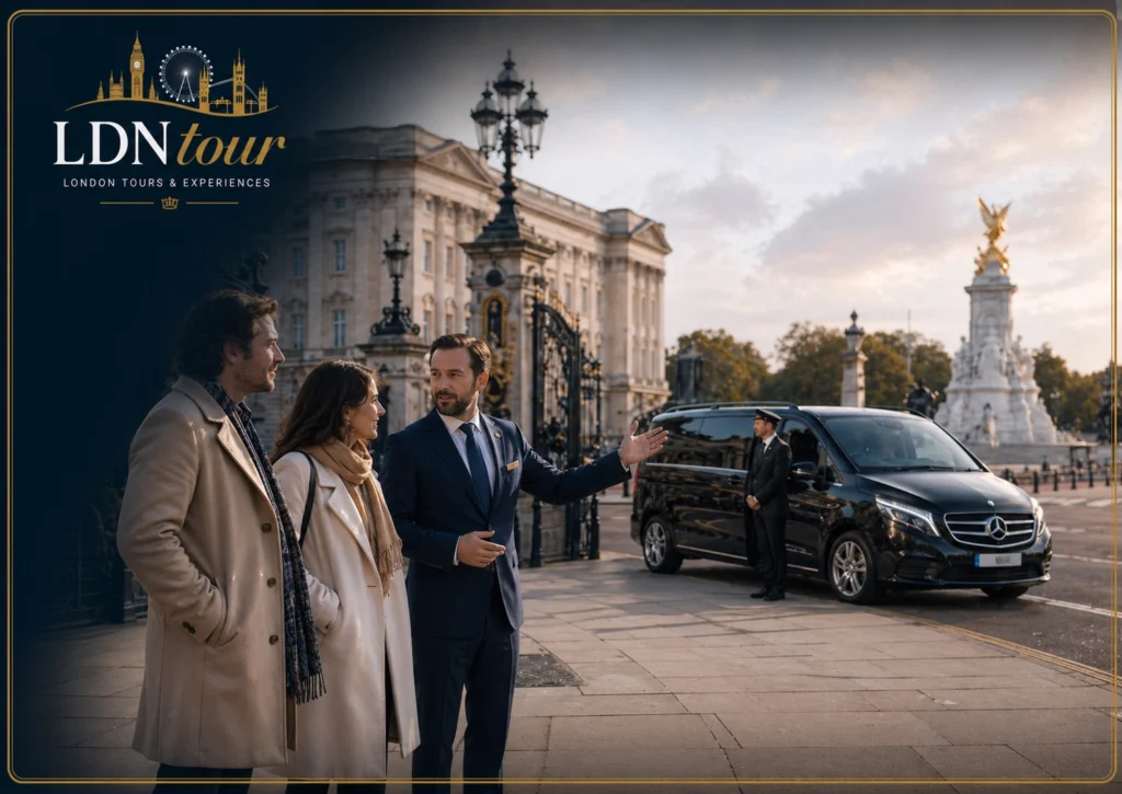 Separate Blue Badge guide and chauffeur for a private London tour by car near Buckingham Palace.