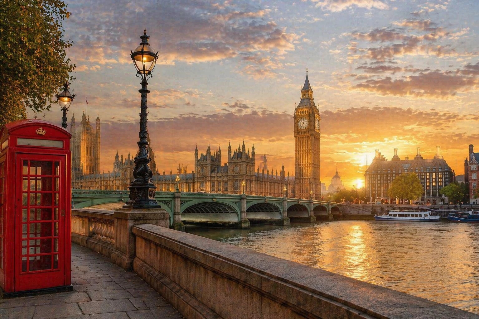 Private London tours homepage image featuring Big Ben, Westminster Bridge, the Houses of Parliament and the River Thames at sunset.