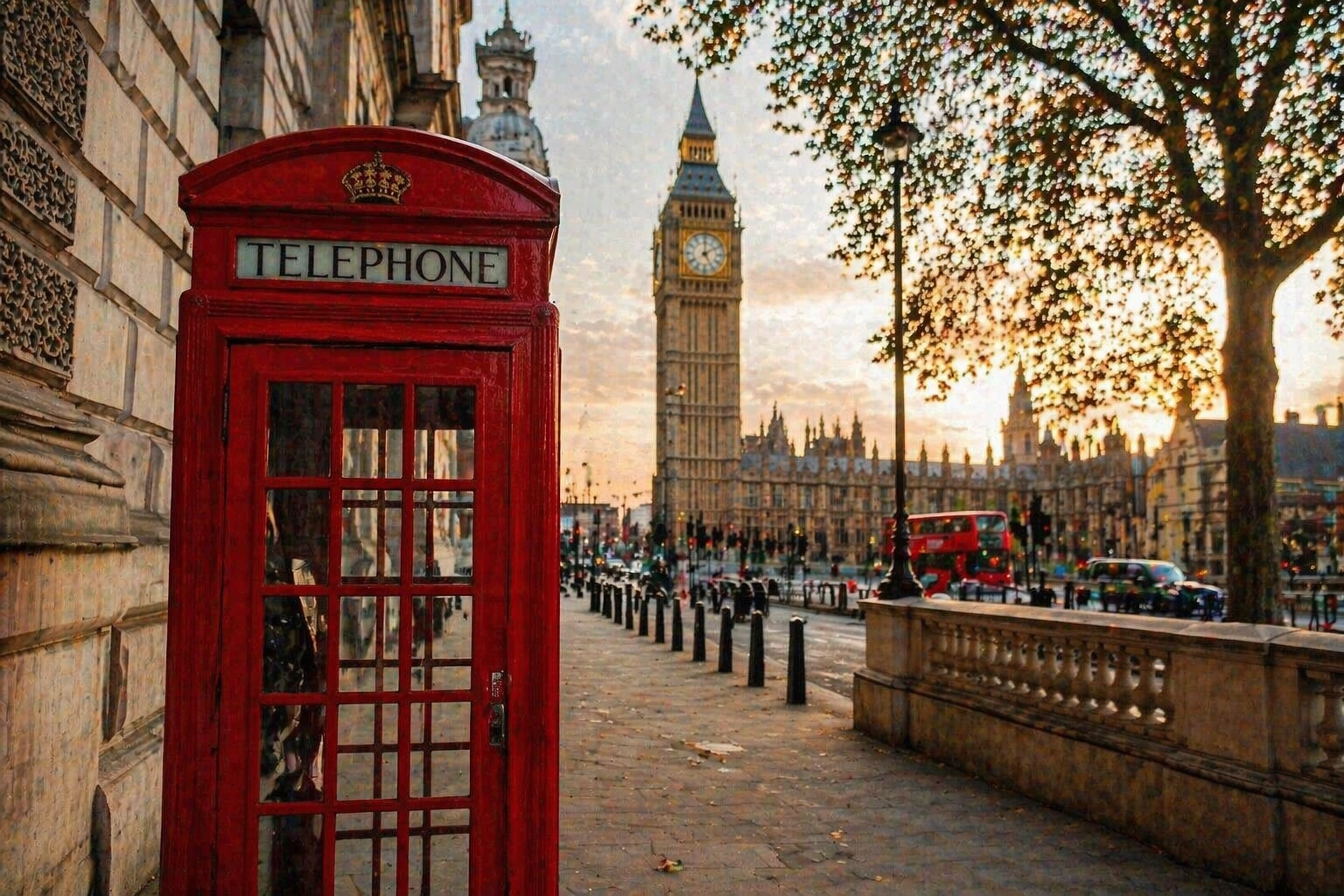 London contact page image featuring a red telephone box, Big Ben and the Houses of Parliament at sunset.