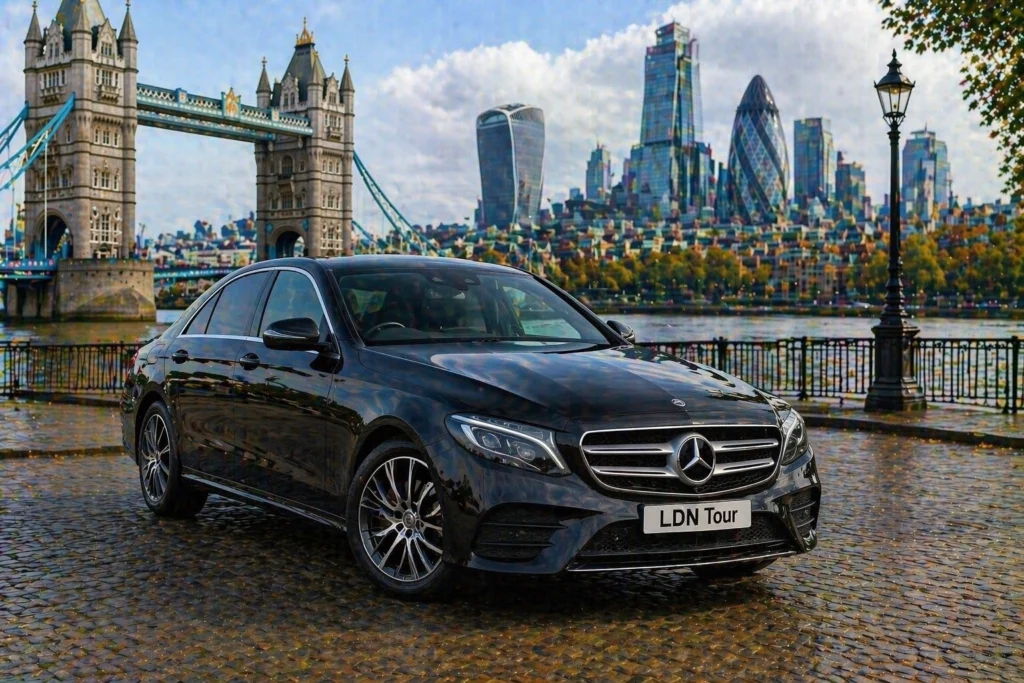 Black Mercedes E-Class for a private London orientation tour near Tower Bridge and the City skyline