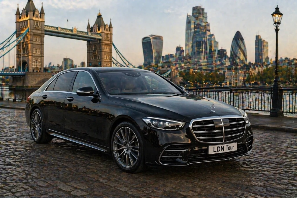 Black Mercedes S-Class in the latest body style for a private London orientation tour near Tower Bridge and the City skyline