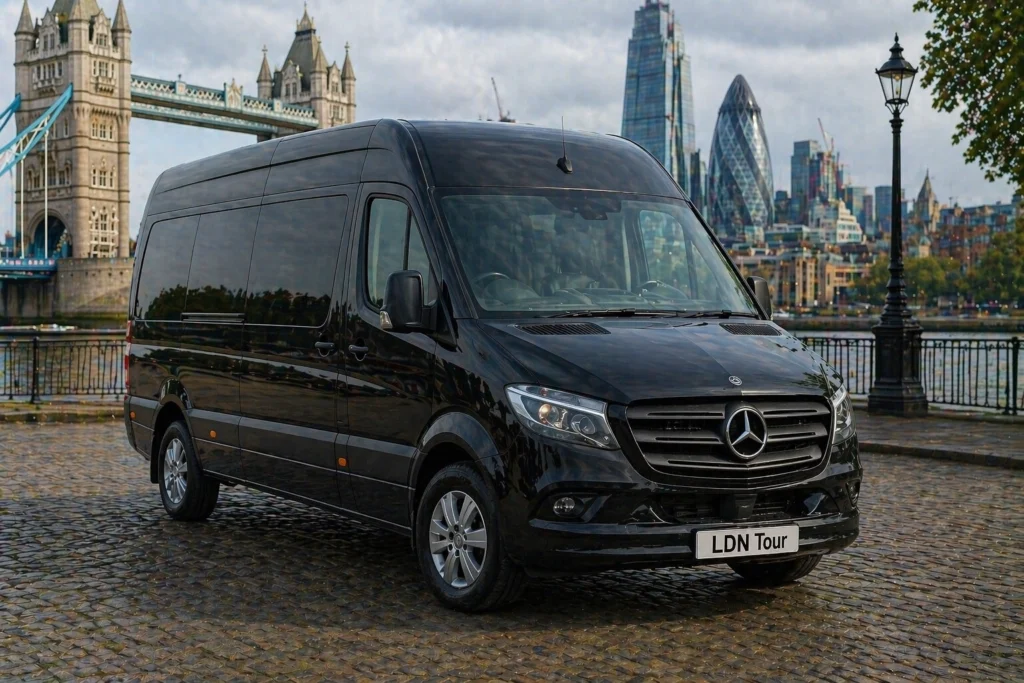 Black Mercedes Sprinter for a private London orientation tour near Tower Bridge and the City skyline