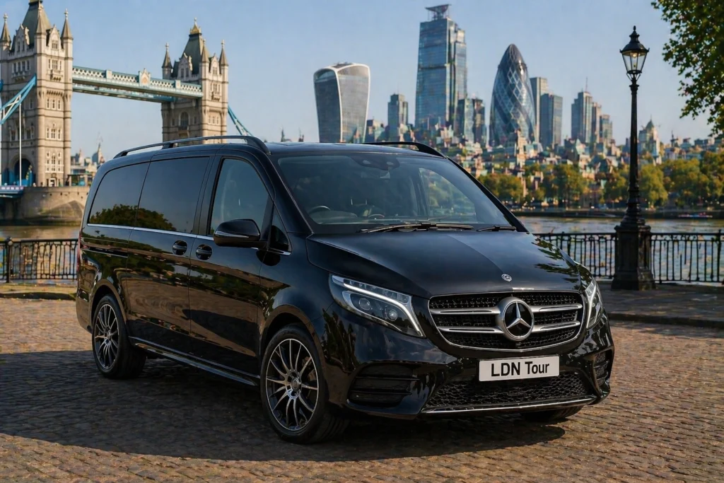 Black Mercedes V-Class in the latest body style for a private London orientation tour near Tower Bridge and the City skyline