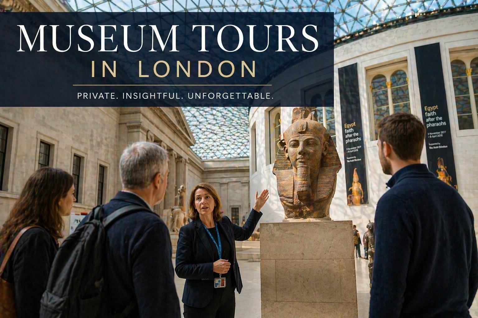 Private museum tour in London with a guide leading visitors through a grand museum hall