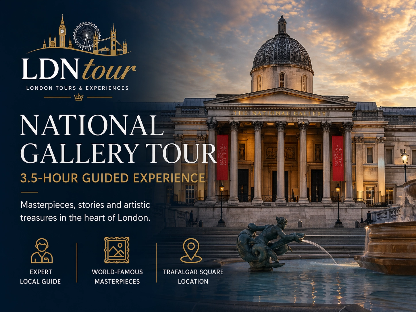 Promotional image for a National Gallery tour by LDN Tour, showing the National Gallery building in Trafalgar Square with branded text for a 3.5-hour guided experience.
