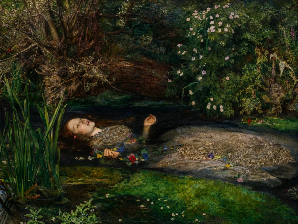 A dramatic reimagined view of Ophelia floating in a woodland stream, inspired by the famous Pre-Raphaelite painting associated with Tate Britain.