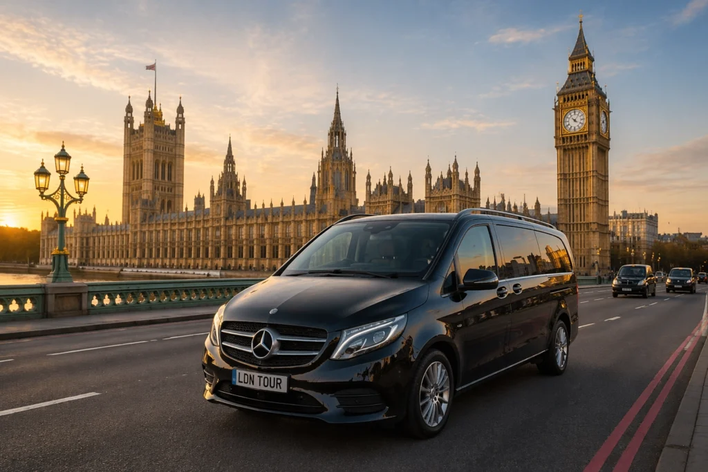 Private panoramic London tour by Mercedes V-Class with Big Ben and the Houses of Parliament at sunset