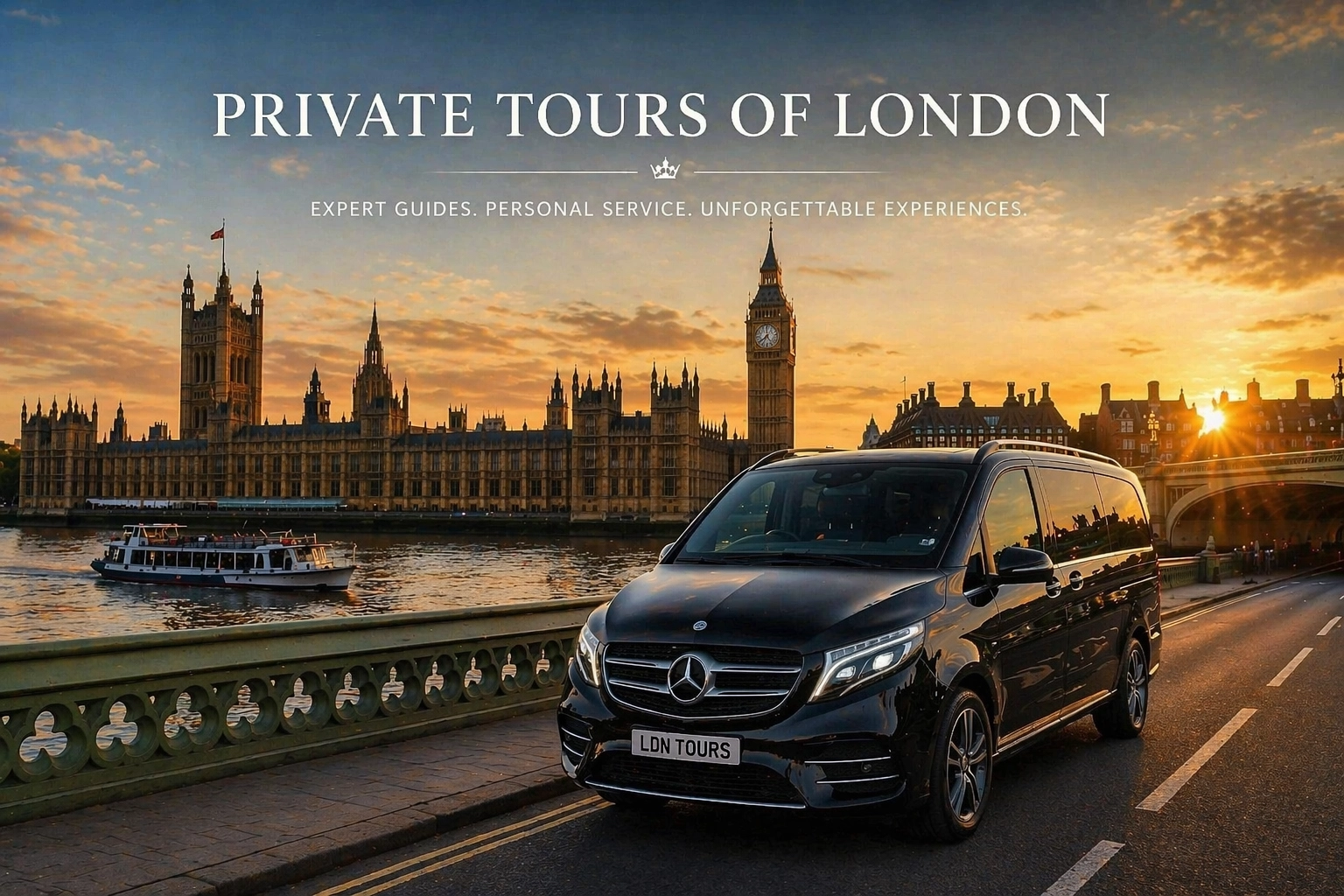 Private London tours by Mercedes V-Class near Big Ben and the Houses of Parliament at sunset