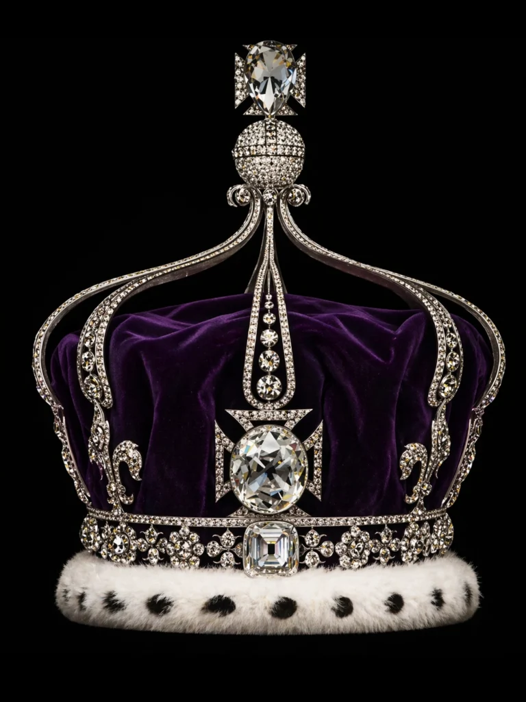 Close-up image of the Crown of Queen Elizabeth The Queen Mother with the Koh-i-Noor diamond, shown against a dark background.