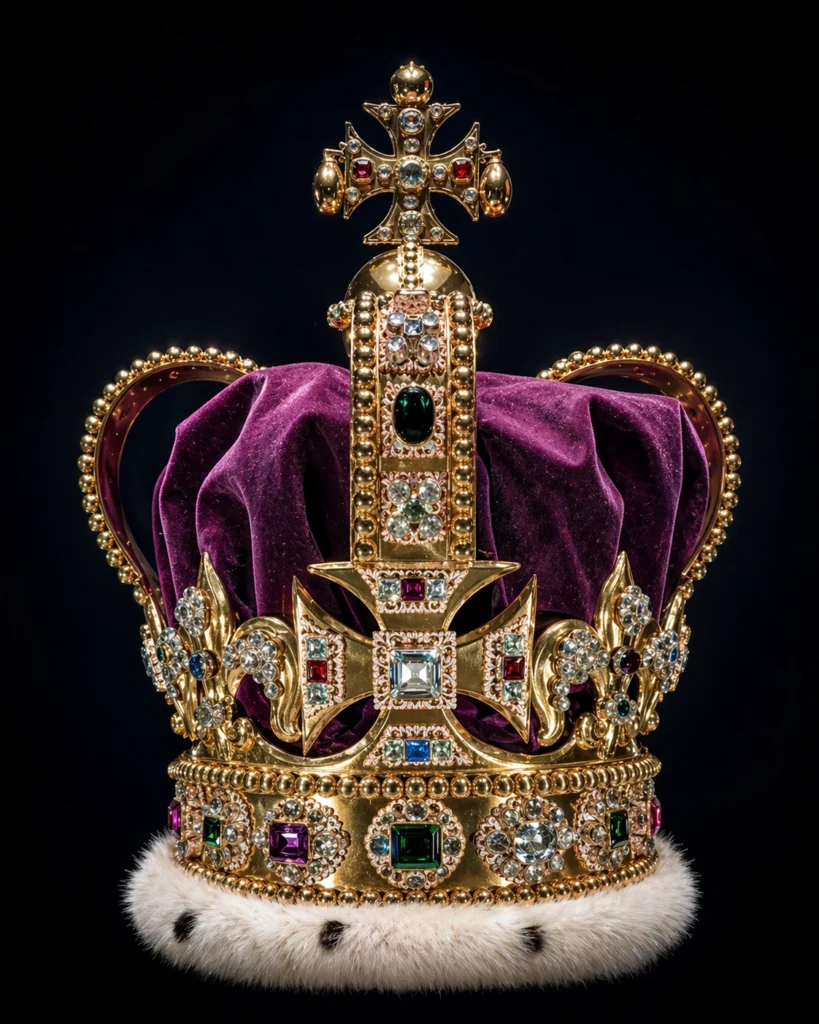 Close-up image of St Edward’s Crown with gold arches, purple velvet cap, ermine trim and coloured jewels against a dark background.
