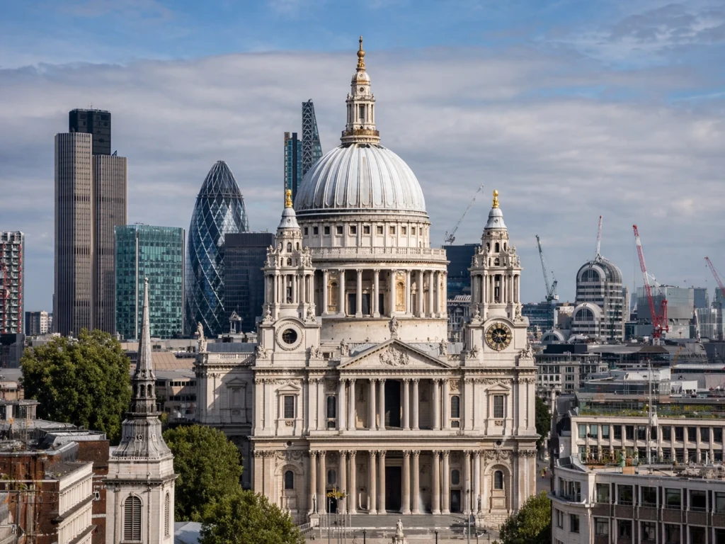 Panoramic view of St Paul’s Cathedral in London with the City skyline behind it, including the Gherkin and other modern buildings.