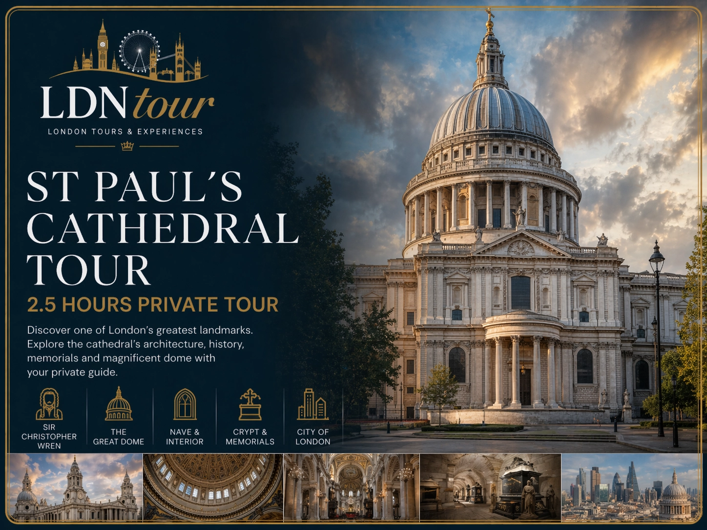 Featured image for a St Paul’s Cathedral tour by LDN Tour, showing the cathedral exterior with branded text for a 2.5-hour private tour.