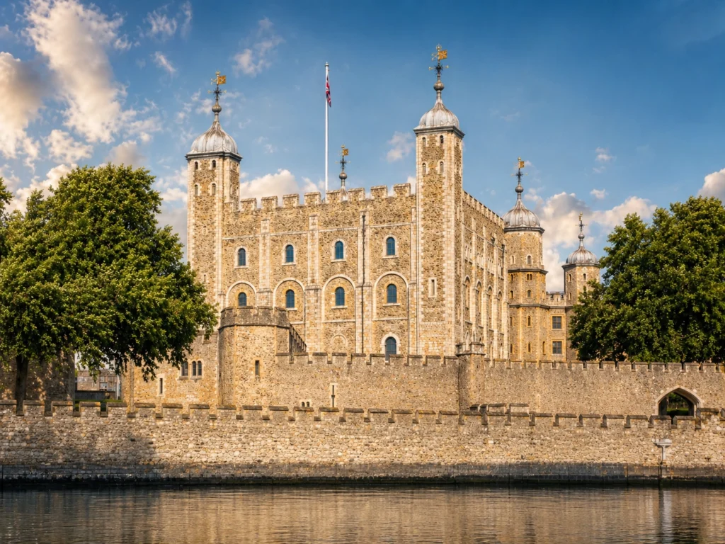 The Tower of London beside calm water on a clear day, with its historic stone walls and towers shown in an elegant riverside view.