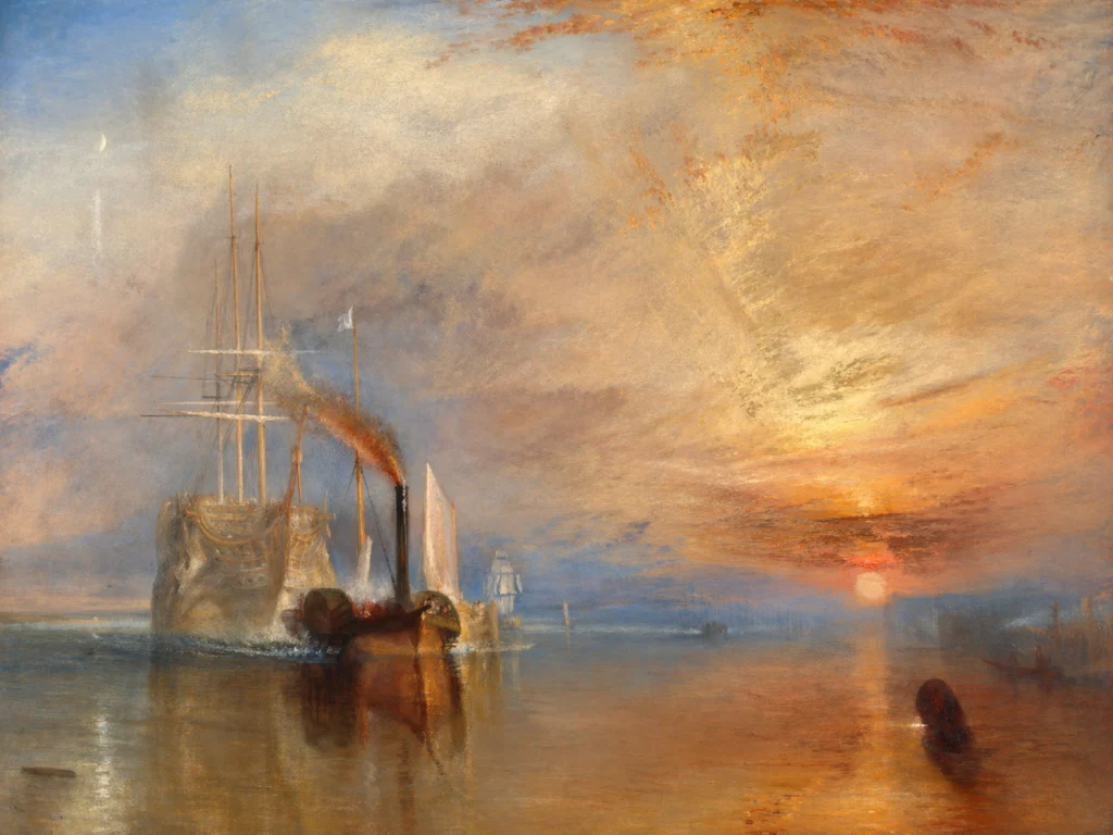 Turner-inspired seascape showing a steam tug guiding a tall sailing ship across calm water at sunset, with glowing sky reflections.