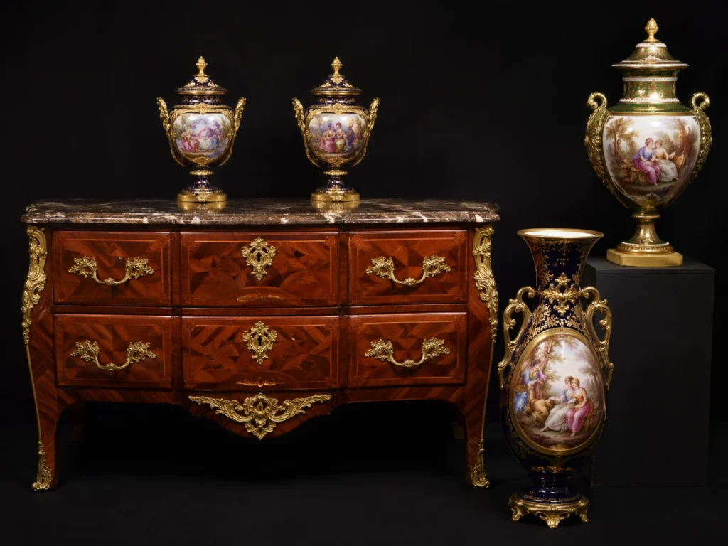 French decorative arts display inspired by the Wallace Collection, featuring an elegant eighteenth-century commode and richly decorated porcelain vases.