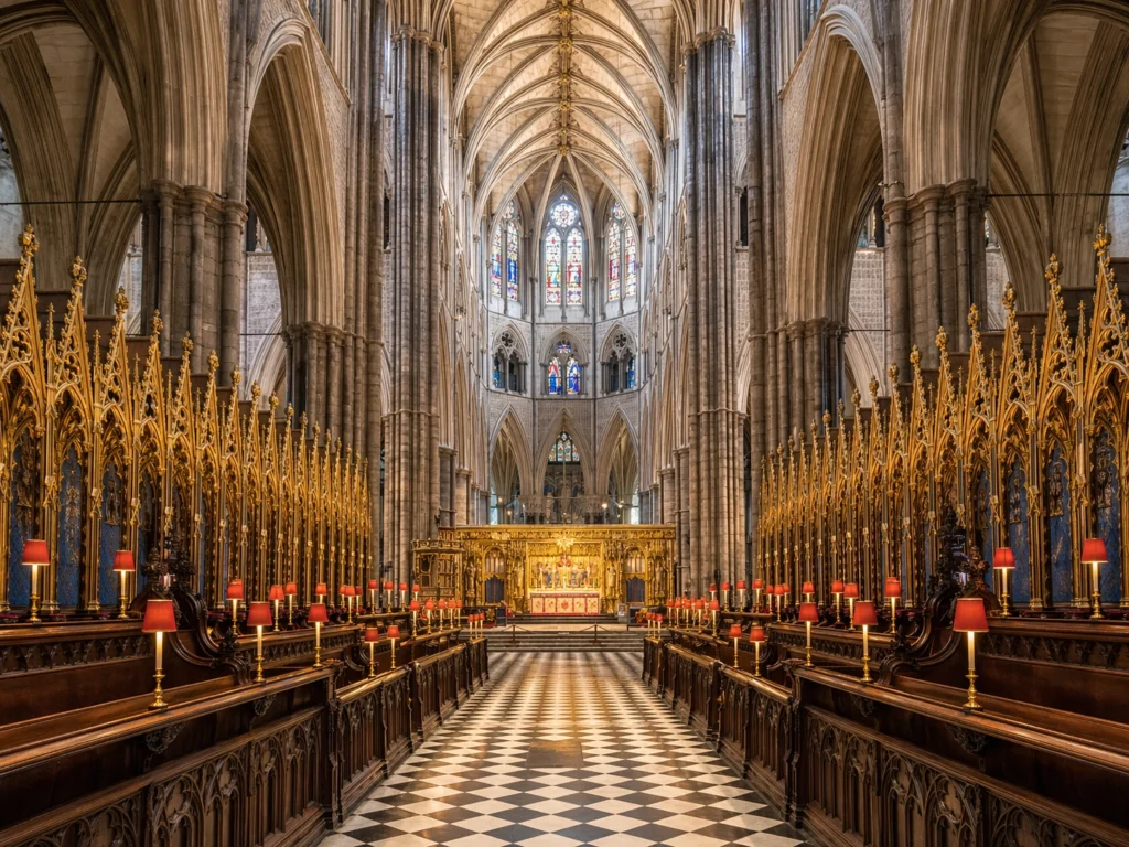 Interior of Westminster Abbey in London, showing the grand choir area, vaulted Gothic arches, checkered floor and ornate golden altar, with no people.