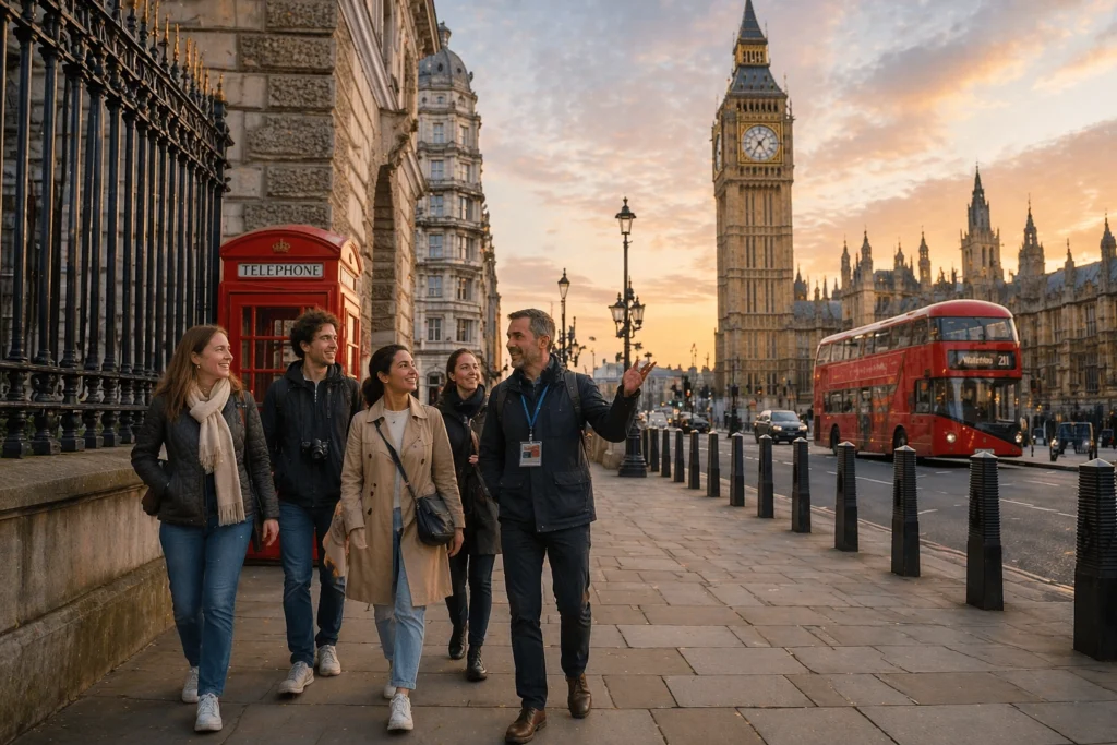 Private Westminster walking tour in London with a guide near Big Ben at sunset