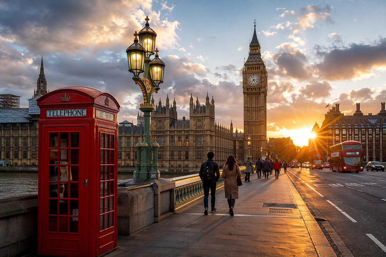Westminster walking tour in London with Big Ben, Westminster Bridge and a red telephone box at sunset