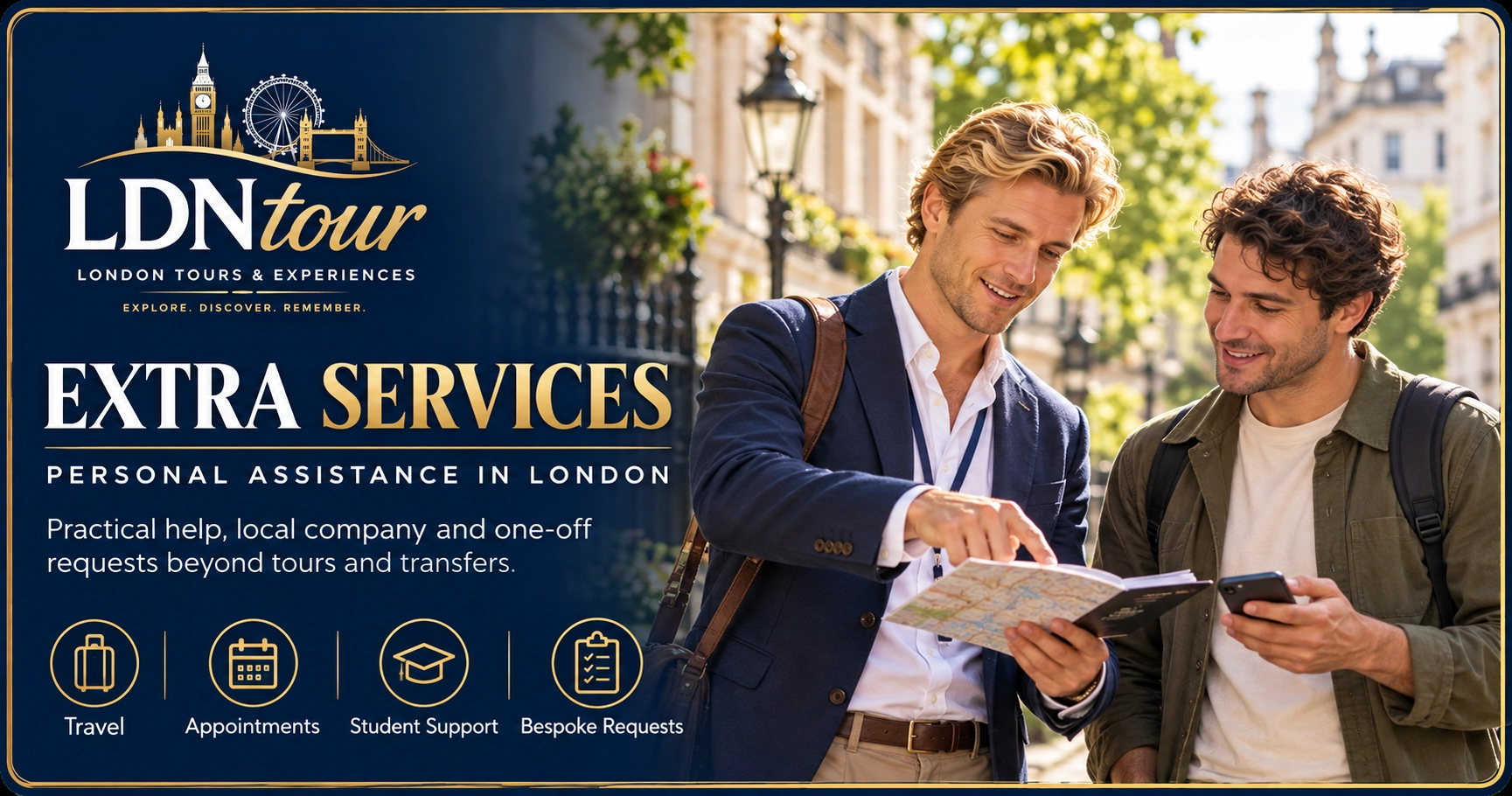 LDN Tour Extra Services in London: a local host helping a visitor plan personal assistance and one-off support.