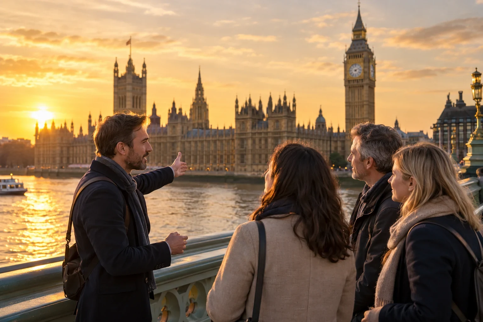 A London tour guide shows a small group the Palace of Westminster from Westminster Bridge at sunset.