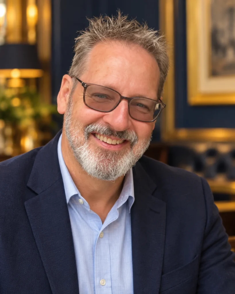 Sean Kelleher smiling in a navy jacket against a softly lit background.